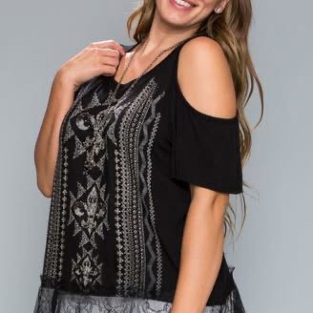 VOCAL BLACK GRAPHIC EMBELLISHED COLD SHOULDER TOP with LACE DETAIL - Picture 2 of 4